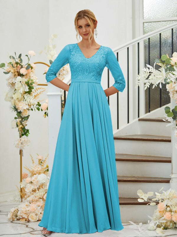 A-Line Chiffon Lace V-neck 3/4 Sleeves Floor-Length Bridesmaid Dresses