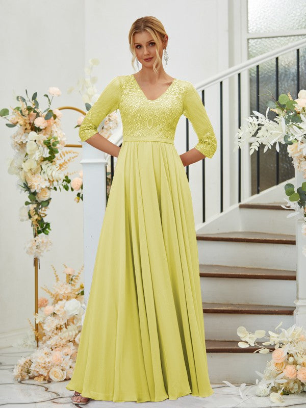 A-Line Chiffon Lace V-neck 3/4 Sleeves Floor-Length Bridesmaid Dresses
