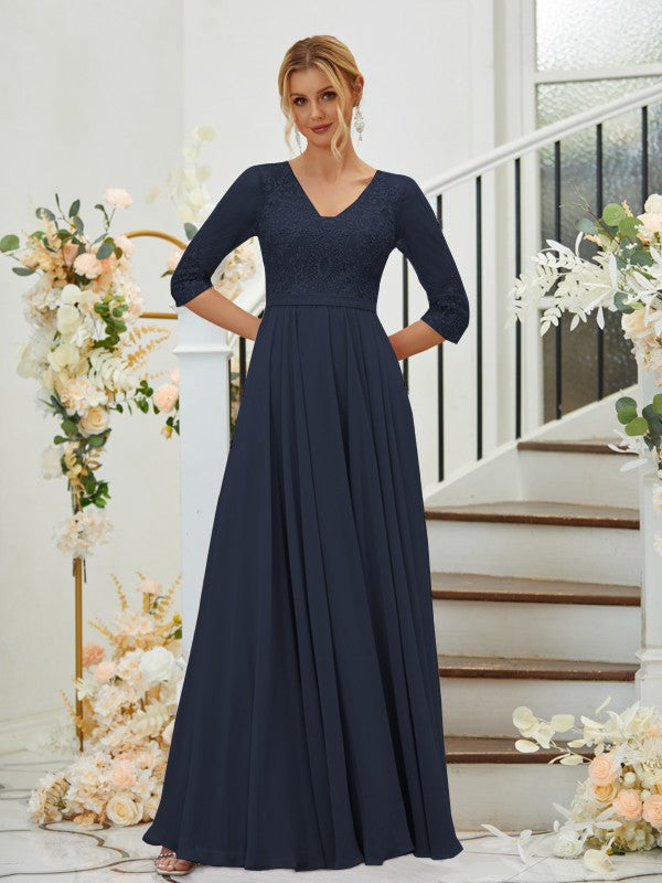 A-Line Chiffon Lace V-neck 3/4 Sleeves Floor-Length Bridesmaid Dresses