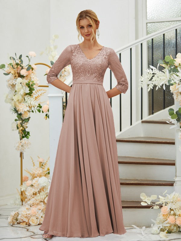 A-Line Chiffon Lace V-neck 3/4 Sleeves Floor-Length Bridesmaid Dresses