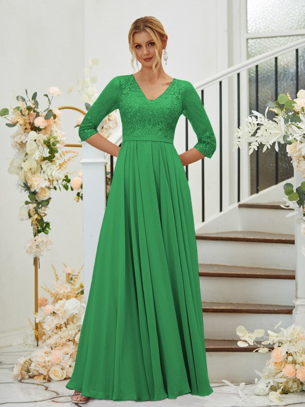 A-Line Chiffon Lace V-neck 3/4 Sleeves Floor-Length Bridesmaid Dresses