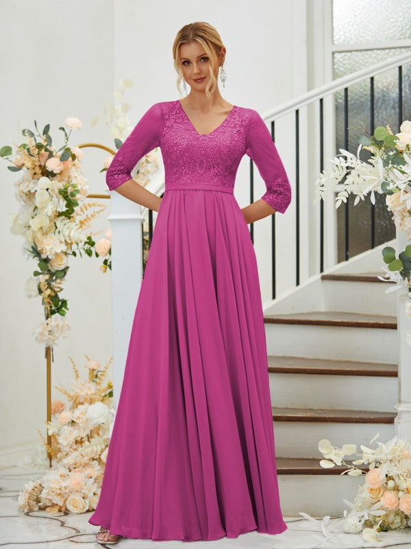 A-Line Chiffon Lace V-neck 3/4 Sleeves Floor-Length Bridesmaid Dresses
