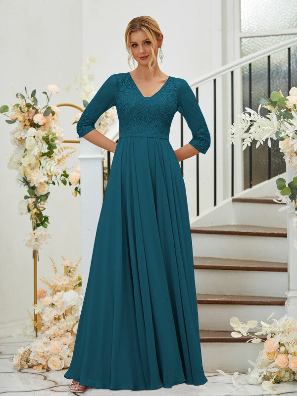 A-Line Chiffon Lace V-neck 3/4 Sleeves Floor-Length Bridesmaid Dresses