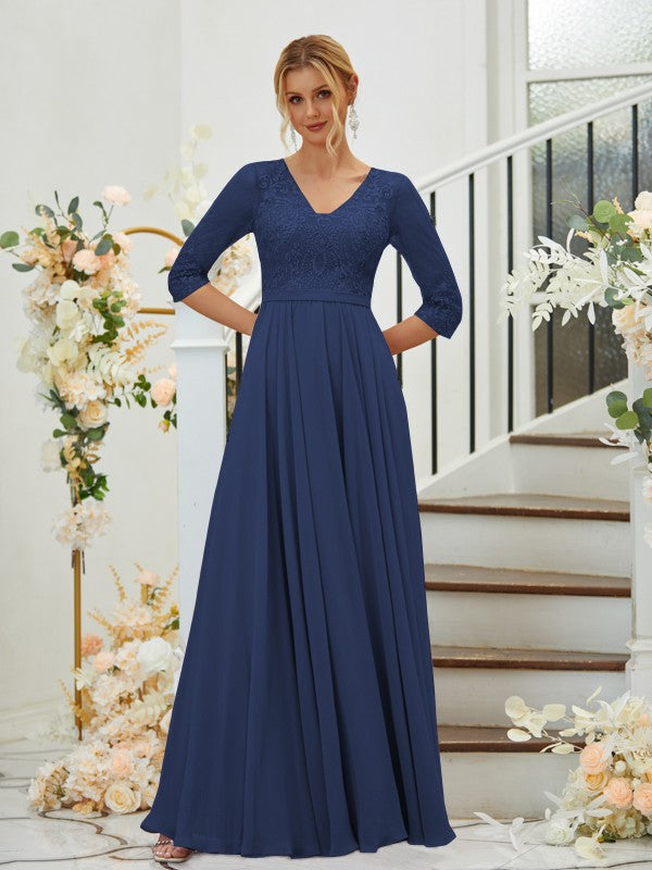 A-Line Chiffon Lace V-neck 3/4 Sleeves Floor-Length Bridesmaid Dresses