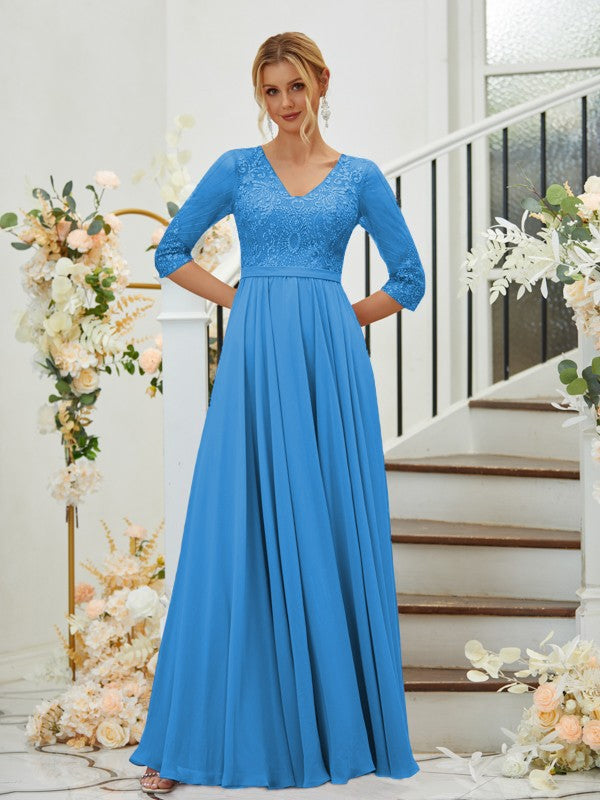 A-Line Chiffon Lace V-neck 3/4 Sleeves Floor-Length Bridesmaid Dresses