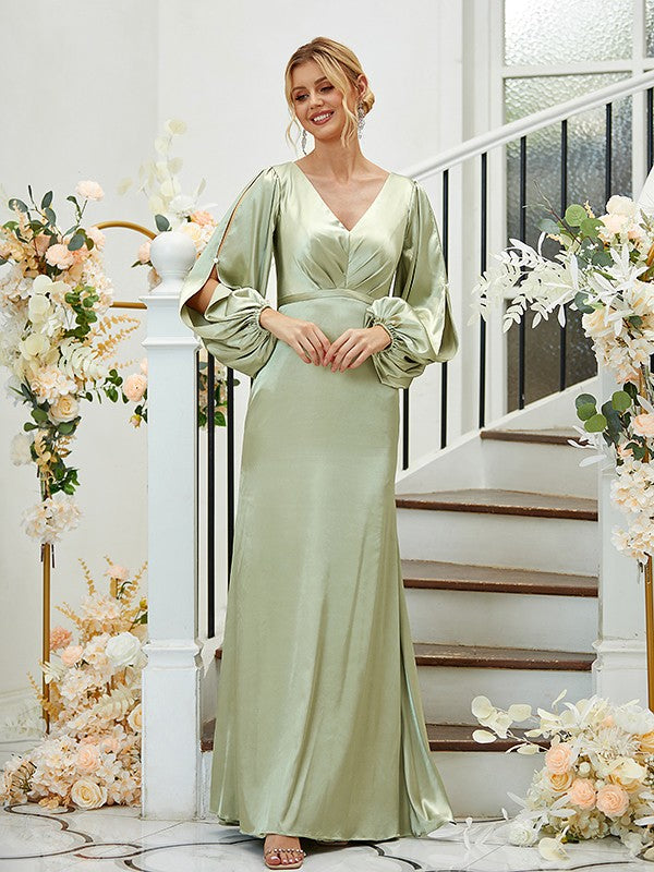 A Line Sheath/Column Silk like Satin Ruched V-neck Long Sleeves Floor-Length Bridesmaid Dresses