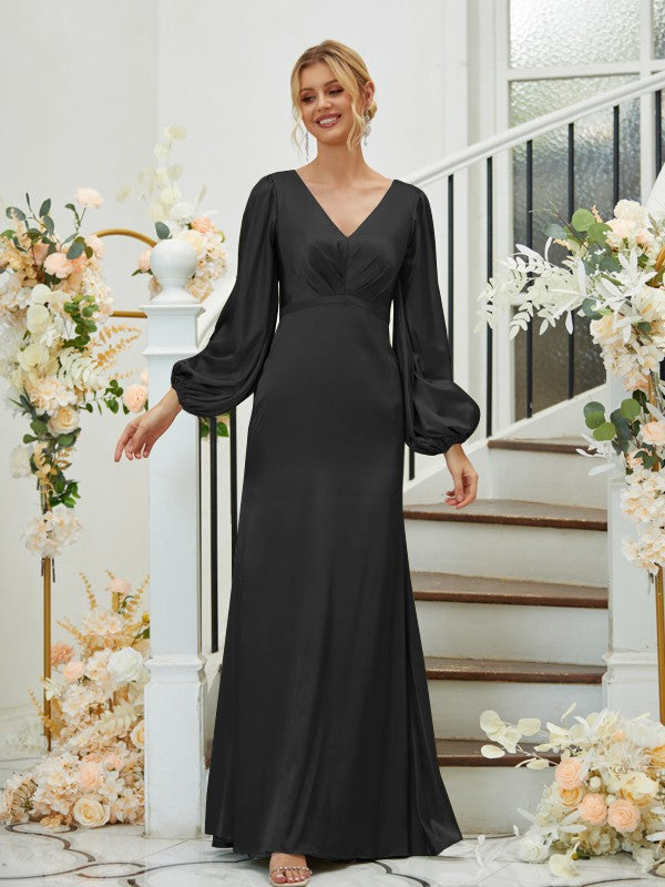 A Line Sheath/Column Silk like Satin Ruched V-neck Long Sleeves Floor-Length Bridesmaid Dresses