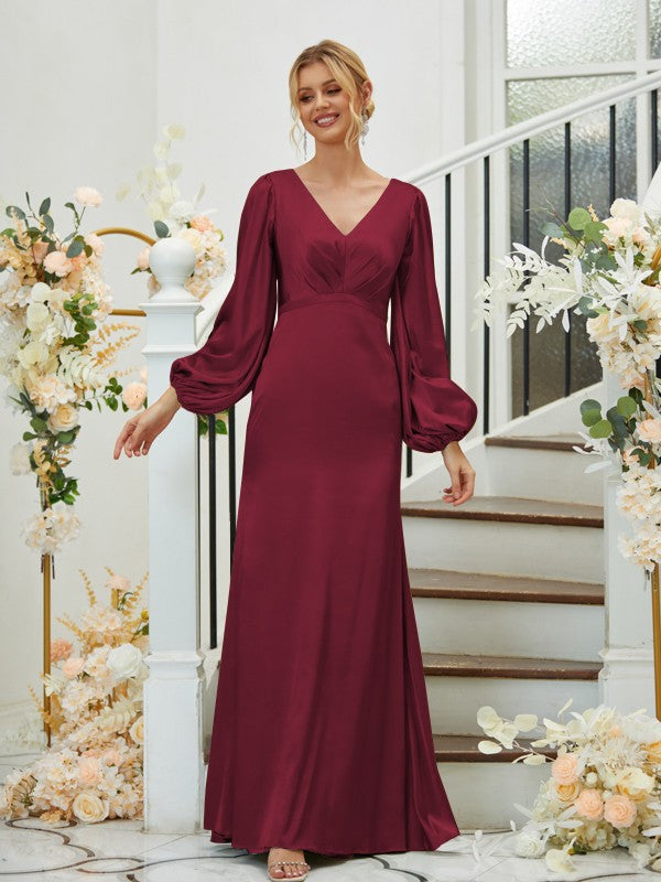 A Line Sheath/Column Silk like Satin Ruched V-neck Long Sleeves Floor-Length Bridesmaid Dresses