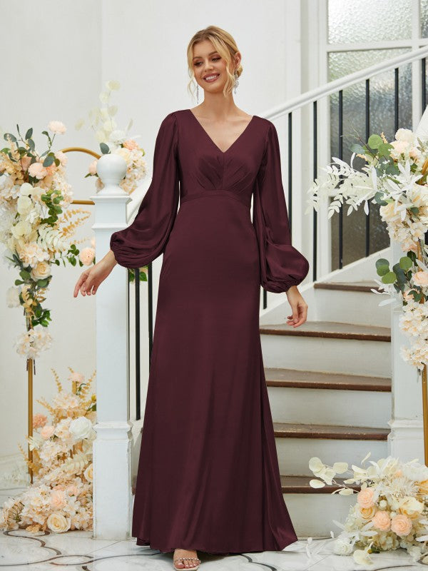 A Line Sheath/Column Silk like Satin Ruched V-neck Long Sleeves Floor-Length Bridesmaid Dresses