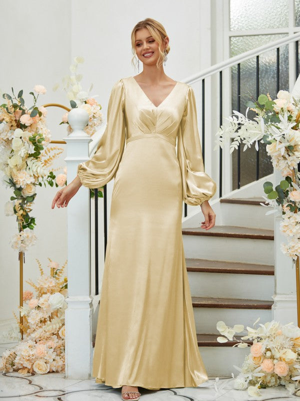 A Line Sheath/Column Silk like Satin Ruched V-neck Long Sleeves Floor-Length Bridesmaid Dresses
