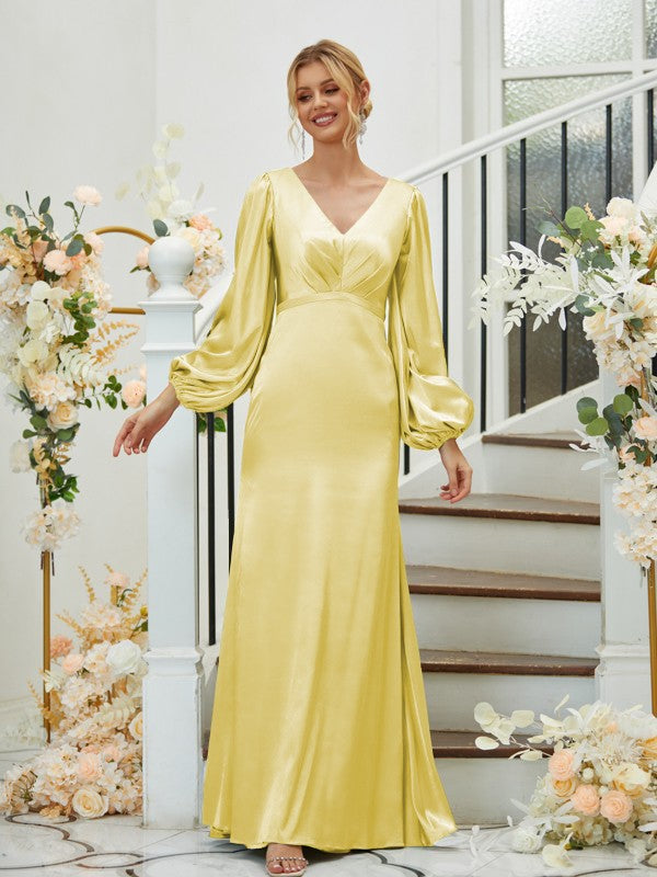 A Line Sheath/Column Silk like Satin Ruched V-neck Long Sleeves Floor-Length Bridesmaid Dresses