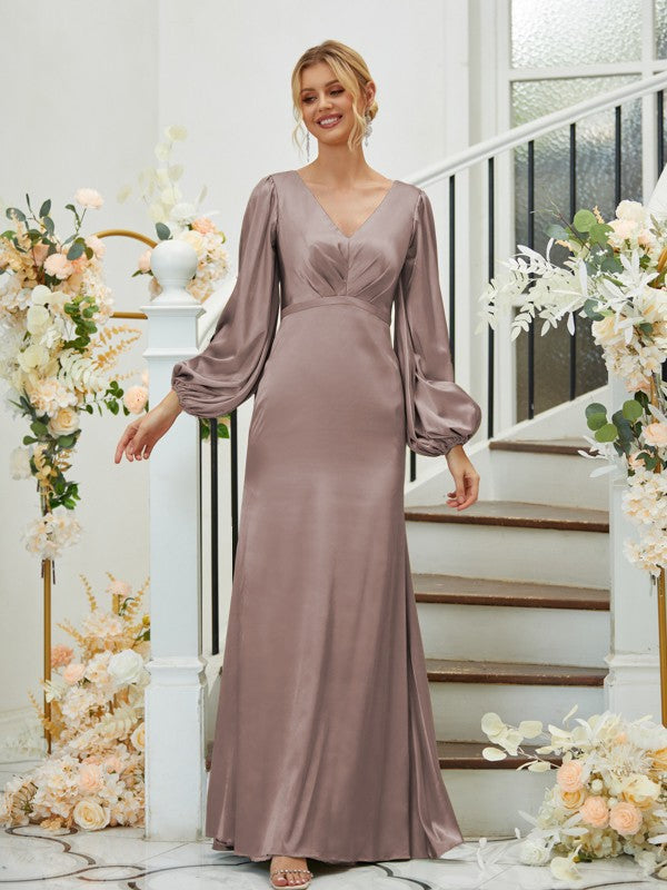 A Line Sheath/Column Silk like Satin Ruched V-neck Long Sleeves Floor-Length Bridesmaid Dresses