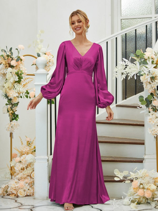 A Line Sheath/Column Silk like Satin Ruched V-neck Long Sleeves Floor-Length Bridesmaid Dresses