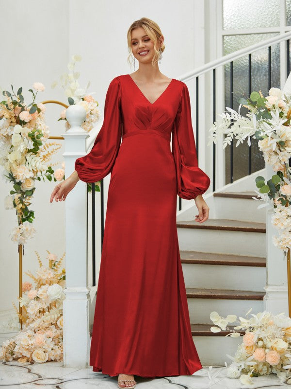 A Line Sheath/Column Silk like Satin Ruched V-neck Long Sleeves Floor-Length Bridesmaid Dresses