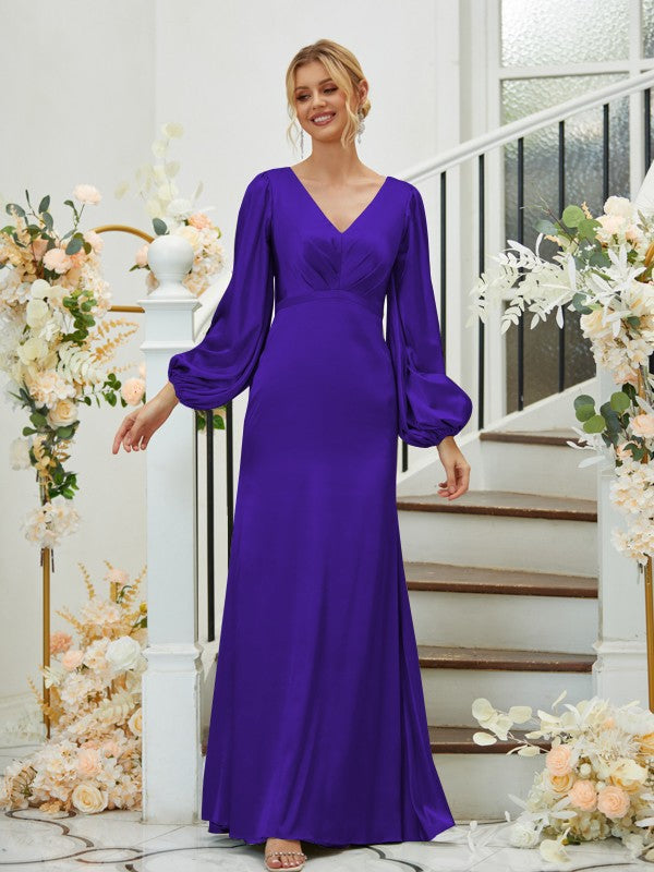 A Line Sheath/Column Silk like Satin Ruched V-neck Long Sleeves Floor-Length Bridesmaid Dresses