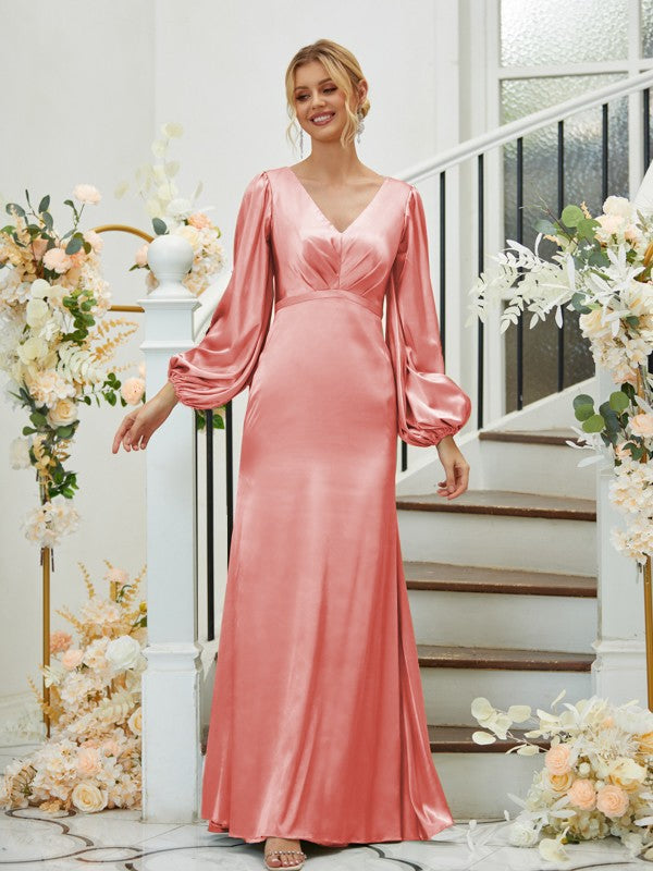 A Line Sheath/Column Silk like Satin Ruched V-neck Long Sleeves Floor-Length Bridesmaid Dresses