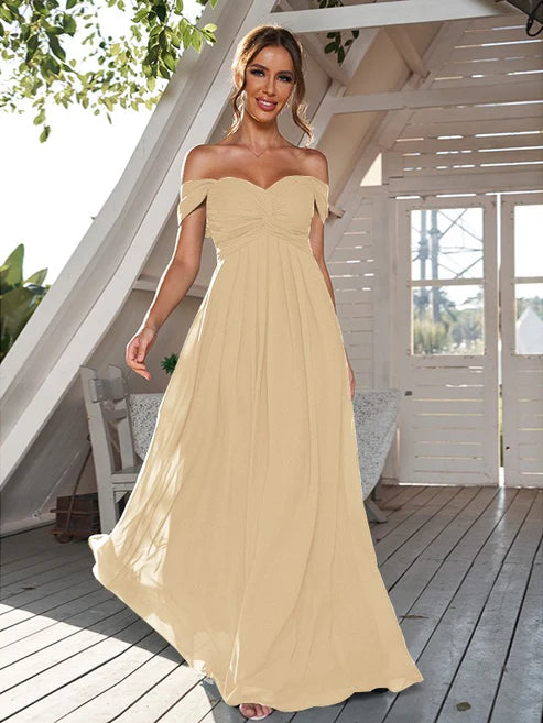A-Line/Princess Chiffon Ruched Off-The-Shoulder Sleeveless Floor-Length Bridesmaid Dresses Party Dresses Wedding Guest Dresses