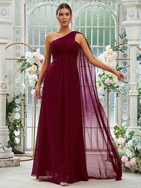 A-Line/Princess Chiffon Ruched One-Shoulder Sleeveless Floor-Length Bridesmaid Dresses Party Dresses Wedding Guest Dresses