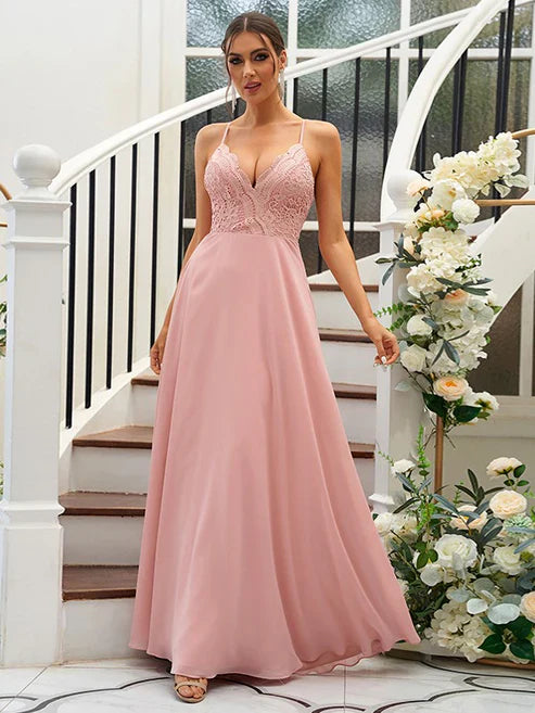 A-Line/Princess Chiffon Lace V-neck Sleeveless Floor-Length Bridesmaid Dresses Party Dresses Wedding Guest Dresses