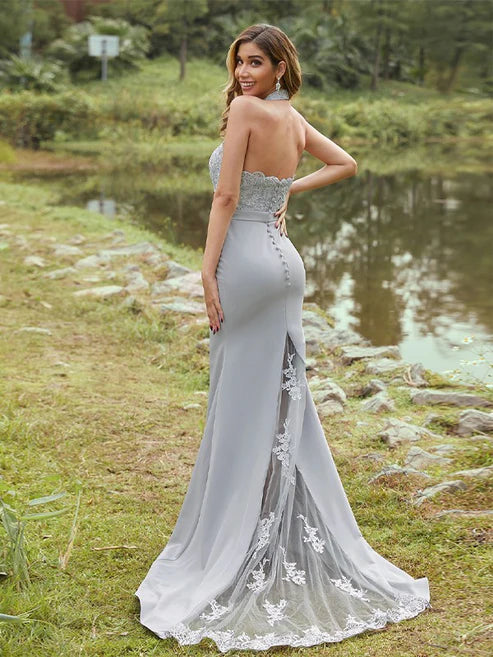 Sheath/Column Stretch Crepe Lace Halter Sleeveless Sweep/Brush Train Bridesmaid Dresses Party Dresses Wedding Guest Dresses