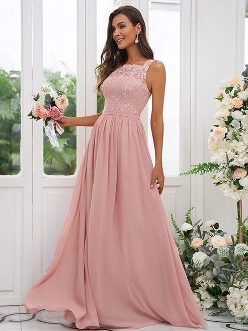 A-Line/Princess Chiffon Applique Square Sleeveless Floor-Length Bridesmaid Dresses Party Dresses Wedding Guest Dresses