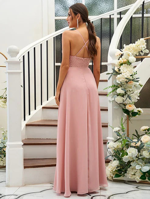 A-Line/Princess Chiffon Lace V-neck Sleeveless Floor-Length Bridesmaid Dresses Party Dresses Wedding Guest Dresses