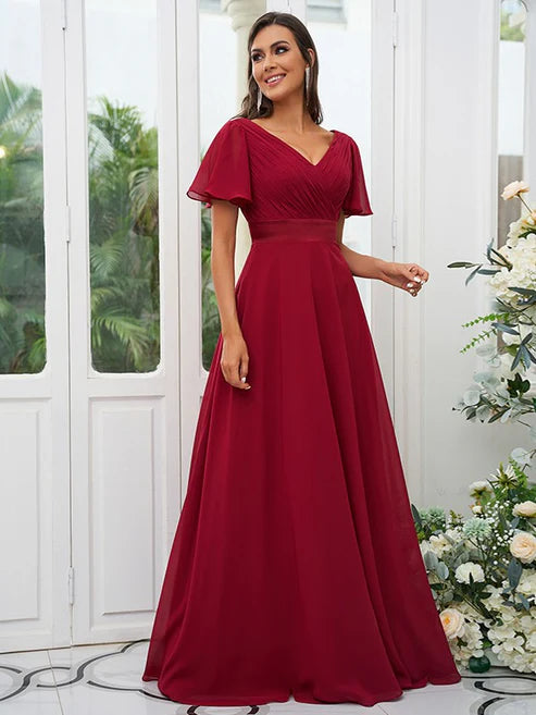 A-Line/Princess Chiffon Ruched V-neck Short Sleeves Sweep/Brush Train Bridesmaid Dresses Party Dresses Wedding Guest Dresses