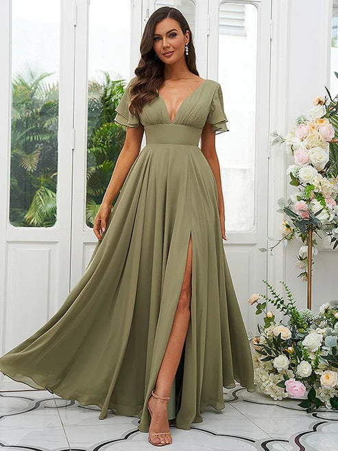 A-Line/Princess Chiffon Ruffles V-neck Short Sleeves Floor-Length Bridesmaid Dresses Party Dresses Wedding Guest Dresses