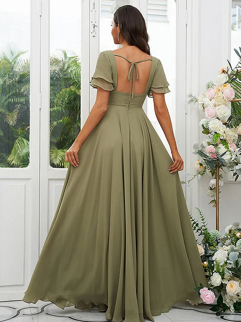 A-Line/Princess Chiffon Ruffles V-neck Short Sleeves Floor-Length Bridesmaid Dresses Party Dresses Wedding Guest Dresses