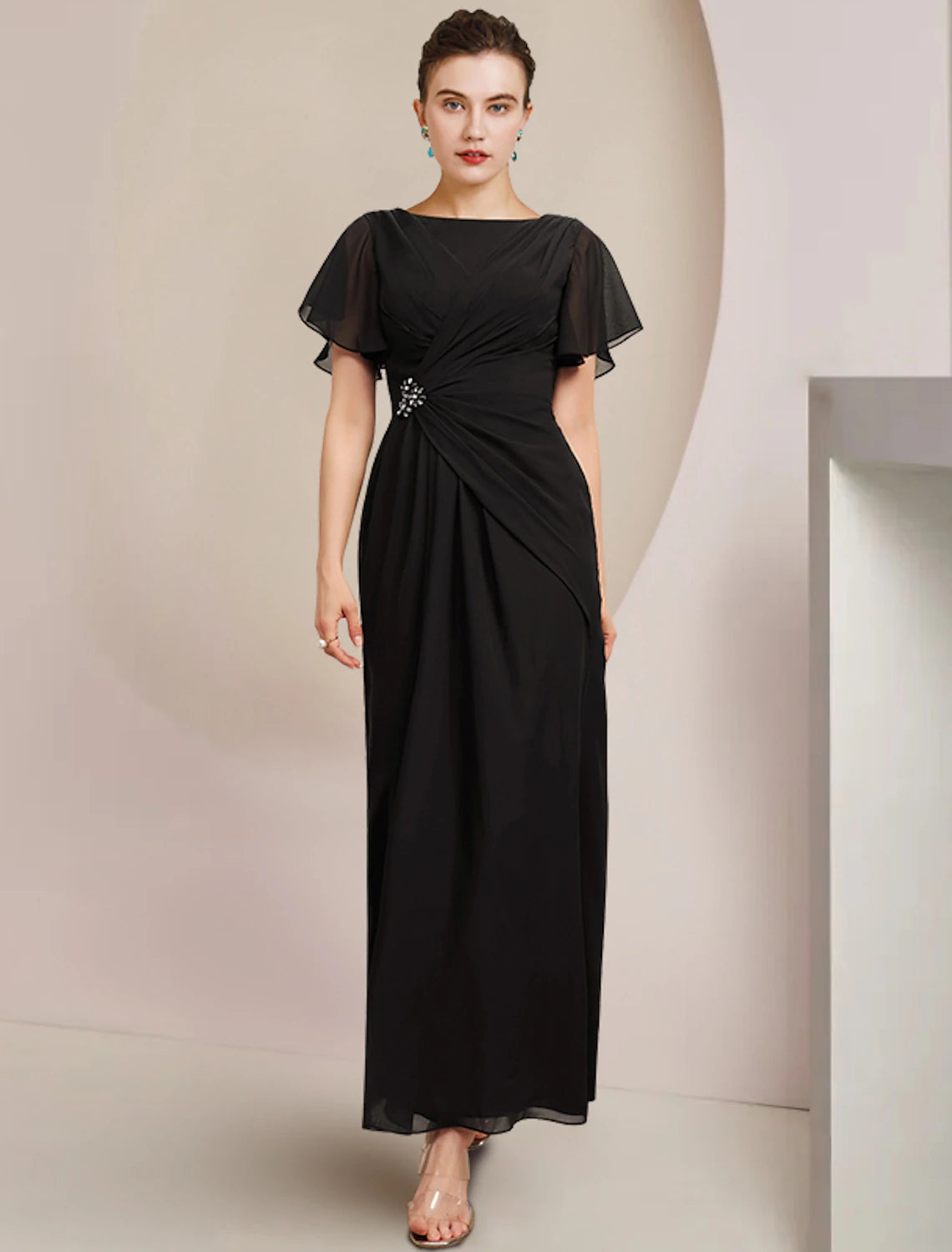 Scoop Neck Ankle Length Wedding Guest Dress  Chiffon Short Sleeve  Mother of the Bride Dress  with Crystal Brooch Side-Draped