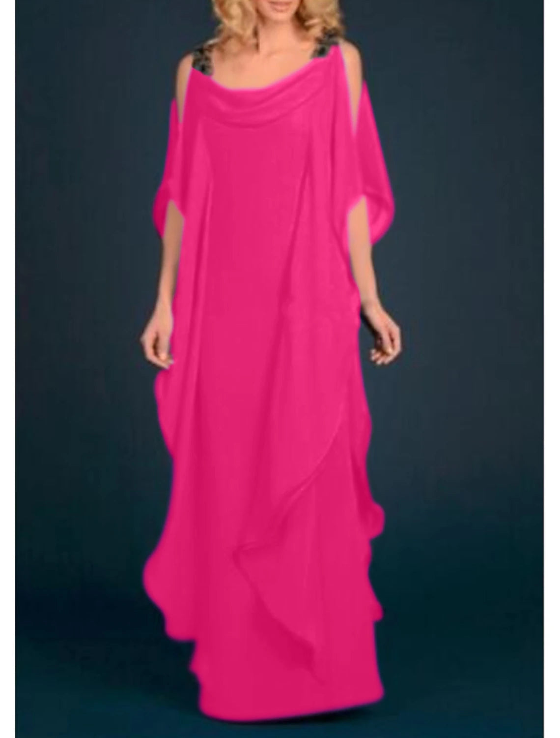 Plus Size Scoop Neck Floor Length Wedding Guest Party Dress Chiffon Half Sleeve Mother of the Bride Dress with Appliques