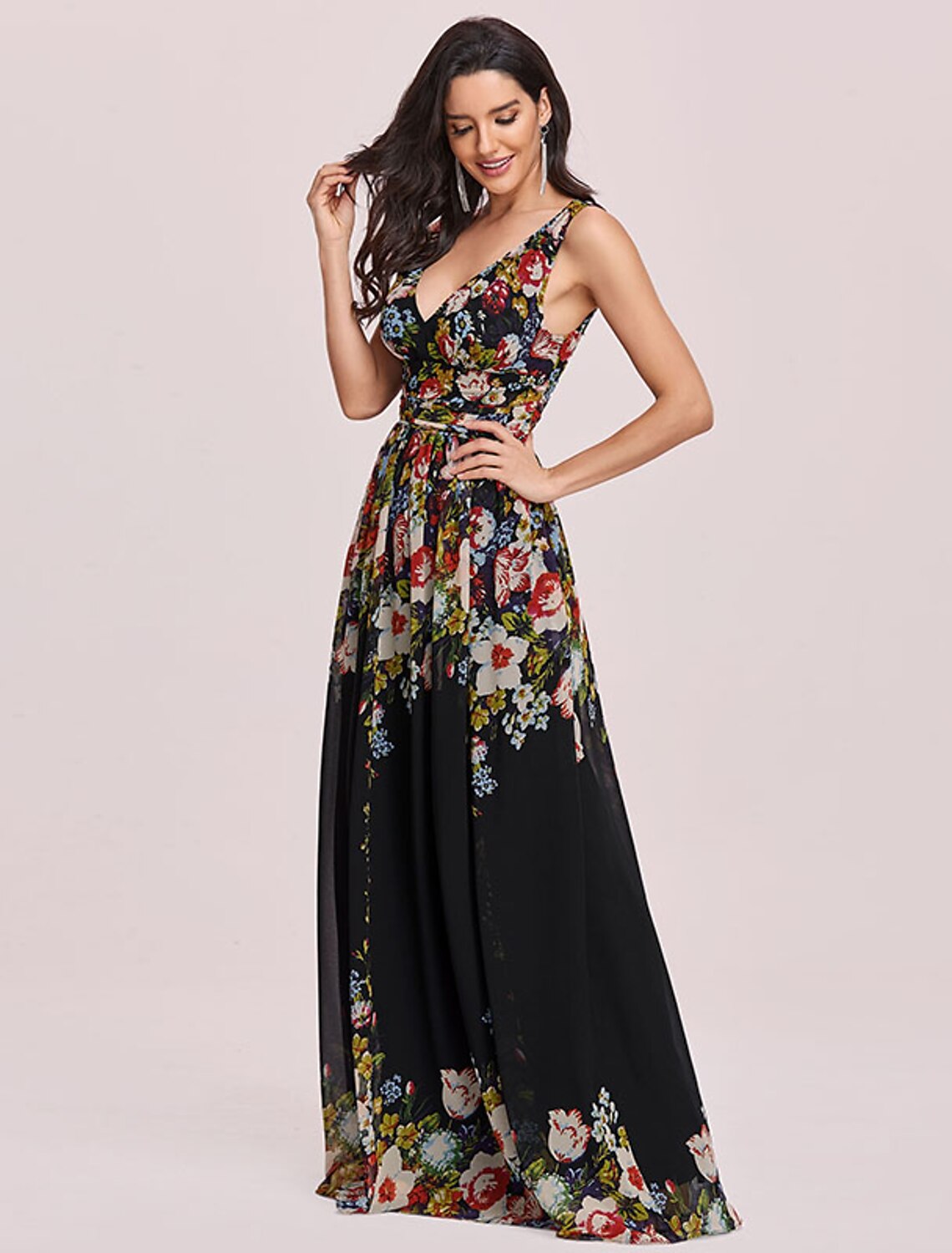 A-Line Plus Size Wedding Guest Formal Evening Dress V Neck V Back Sleeveless Floor Length Chiffon with Pleats