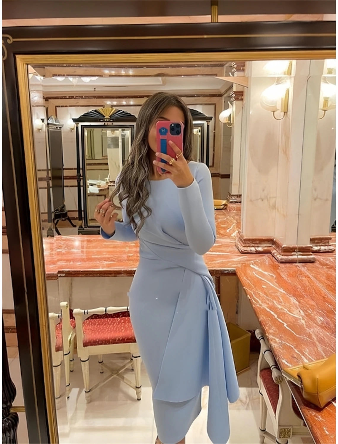 Sheath Cocktail Dresses Formal Fall Knee Length Long Sleeve Jewel Neck Stretch Fabric with Pleats Ruched