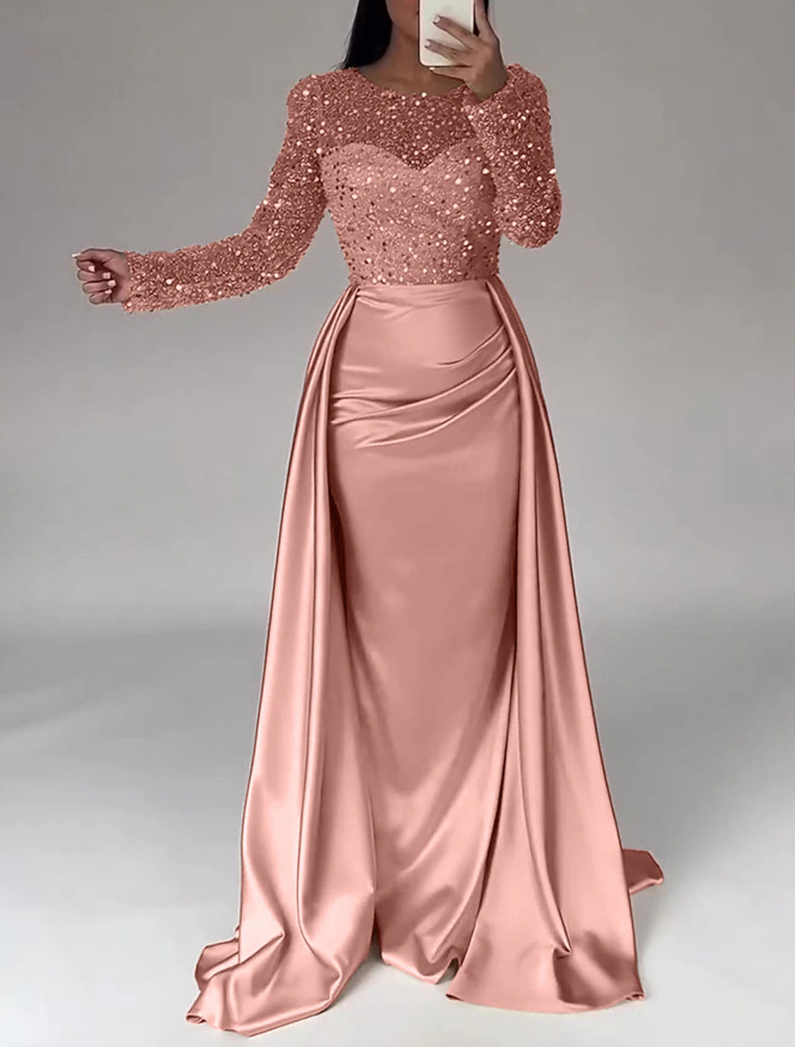 Mermaid Sequin Evening Gown Ruched Satin Dress Long Sleeves Floor Length Sparkle Illusion Neck Prom Wedding Guest Dress with Overskirt