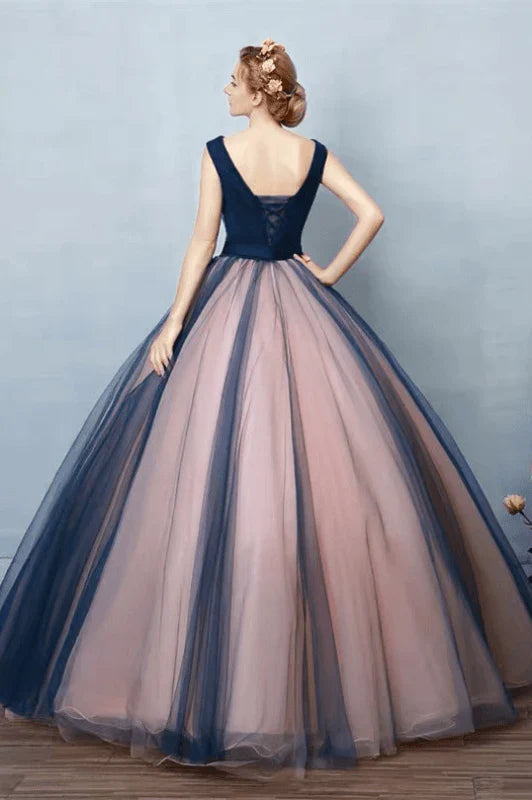 Tulle V Neck Sleeveless Appliques Long Ball Gown Prom Dresses Beautiful