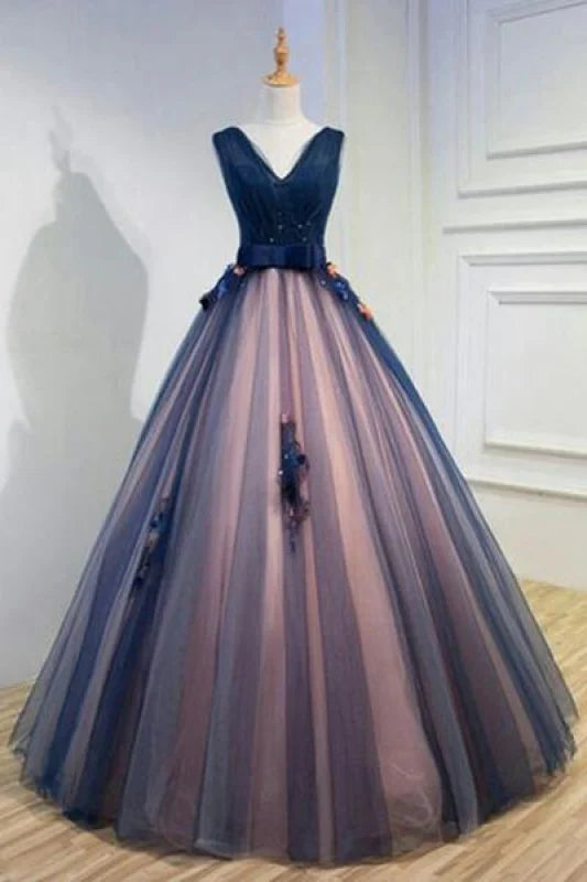 Tulle V Neck Sleeveless Appliques Long Ball Gown Prom Dresses Beautiful