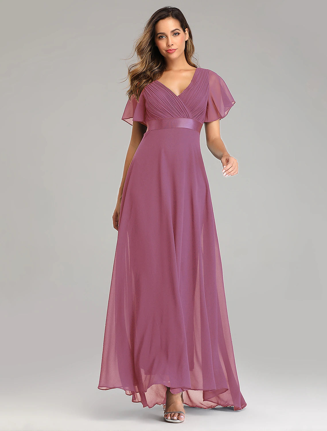 A-Line Prom Dresses Christmas Red Green Dress Fall Wedding Guest Dress For Bridesmaid Floor Length Short Sleeve V Neck Chiffon V Back with Ruched Ruffles