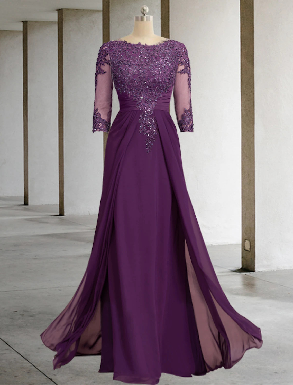 Sheath / Column Mother of the Bride Dress With Overskirts Formal Wedding Guest Elegant Sequin Scoop Neck Floor Length Chiffon Lace 3/4 Sleeve with Appliques Sparkle & Shine