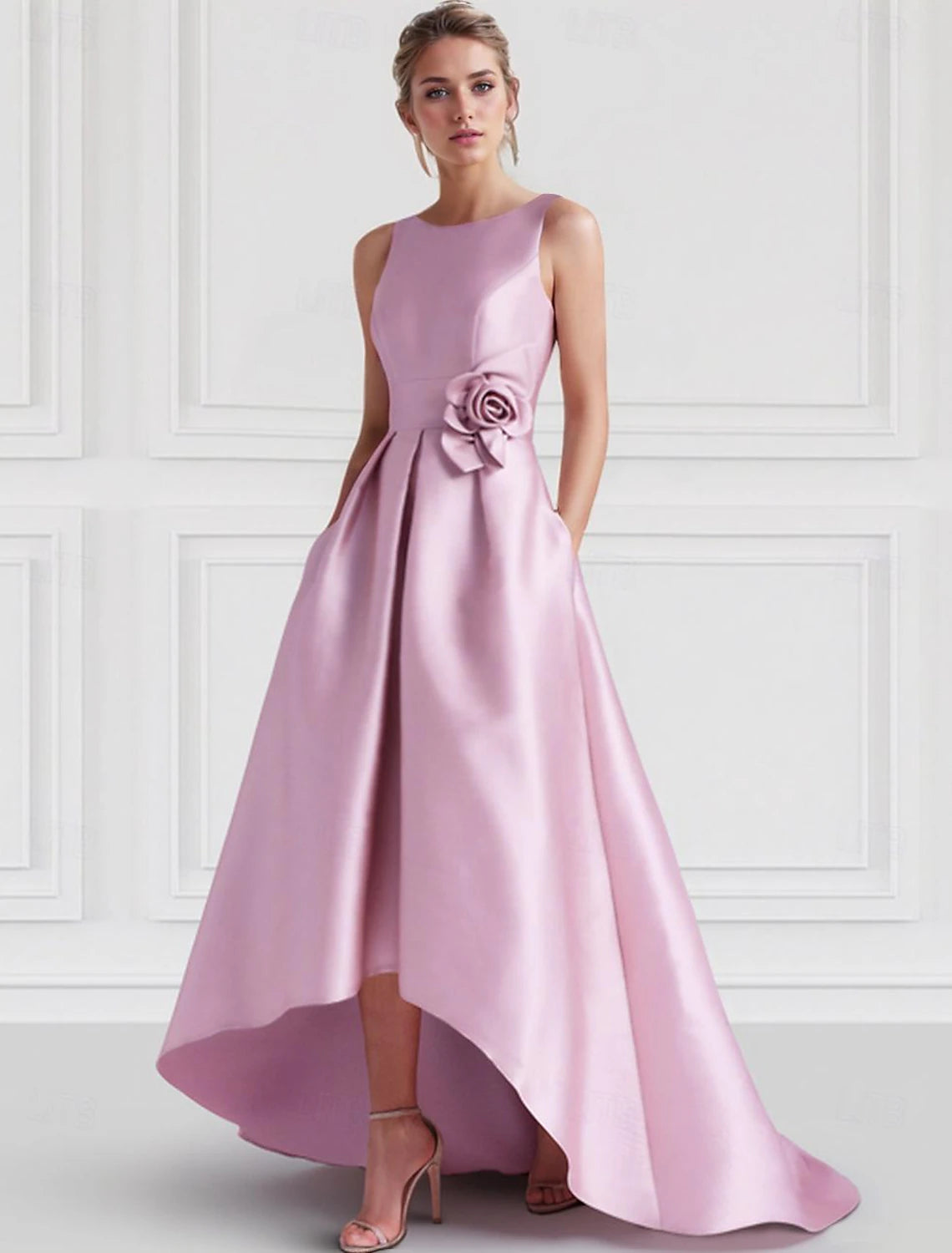 A-Line Cocktail Dresses Formal Wedding Guest Floor Length Sleeveless Boat Neck Pink Dress Satin with Pocket
