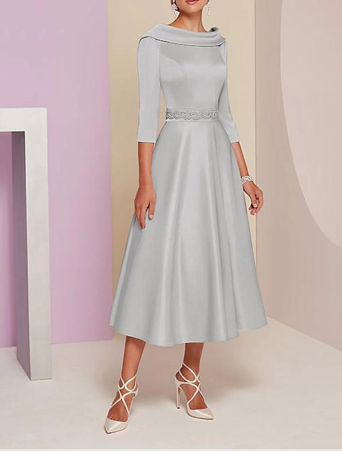 Wedding Guest Dress Plus Size Bateau Neck Tea Length Mother of the Bride Dress Satin 3/4 Length Sleeve with Beading