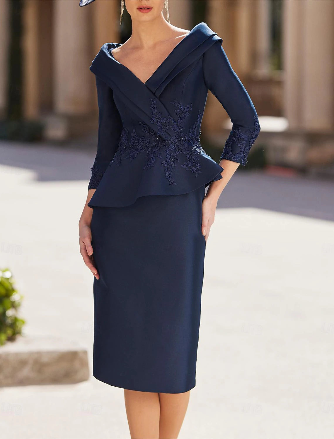 Sheath V Neck Tea Length Wedding Guest Party Dress  Satin 3/4 Length Sleeve Mother of the Bride Dress  with Appliques