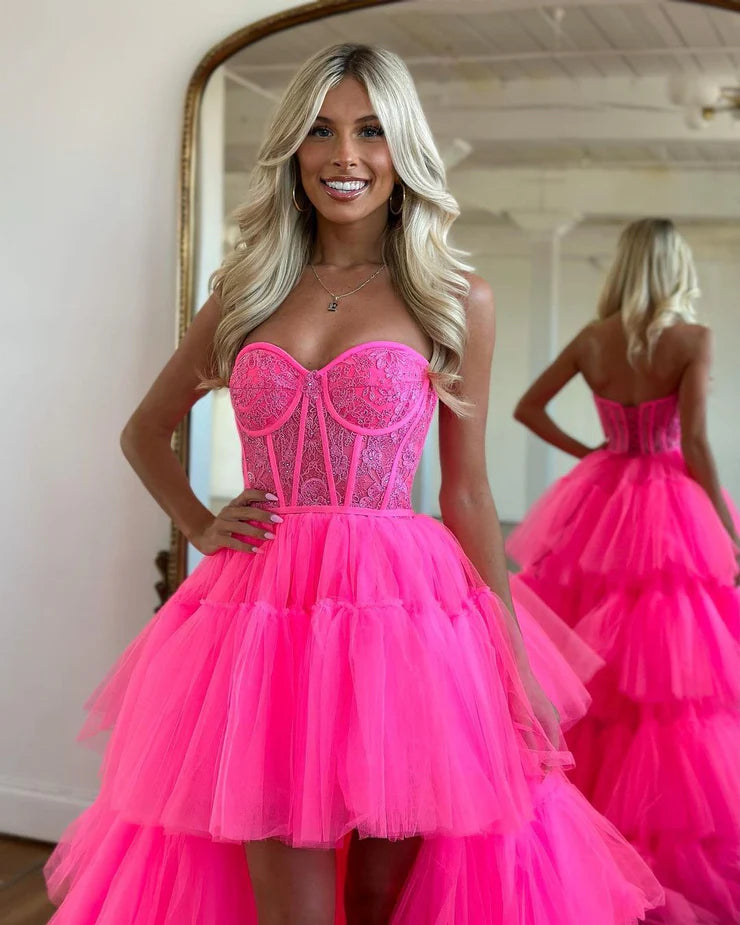 A Line High Low Strapless Hot Pink Prom Dresses with Tulle Layers