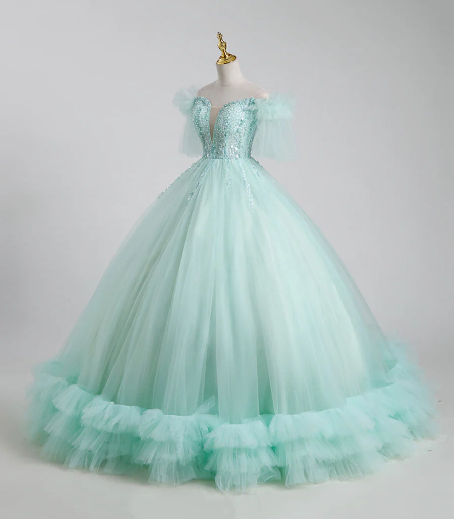 Ball Gown Quinceanera Floor Length Beautiful Tulle Sweet 16 Dress With Sequins