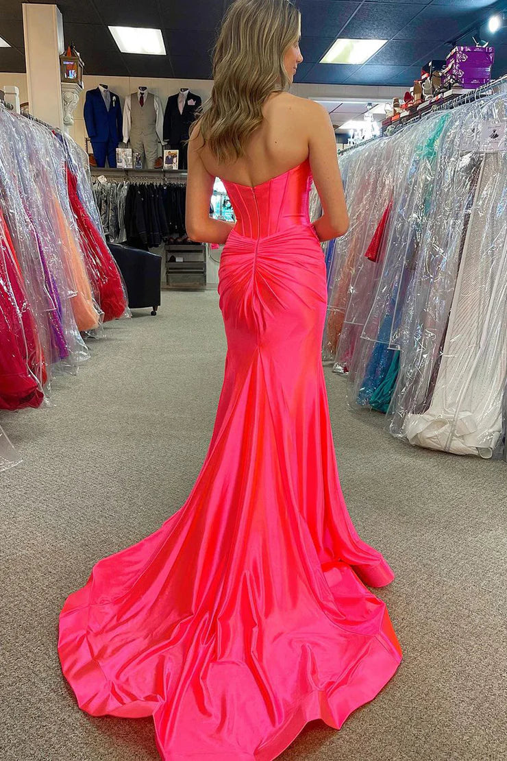 Mermaid Strapless Sweetheart Hot Pink Satin Long Prom Dress with Slit