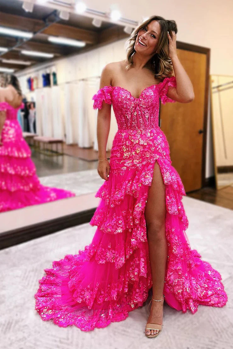 A Line Off the Shoulder Fuchsia Lace Sequins Ruffle Tiered Long Prom Dress with Slit Sexy