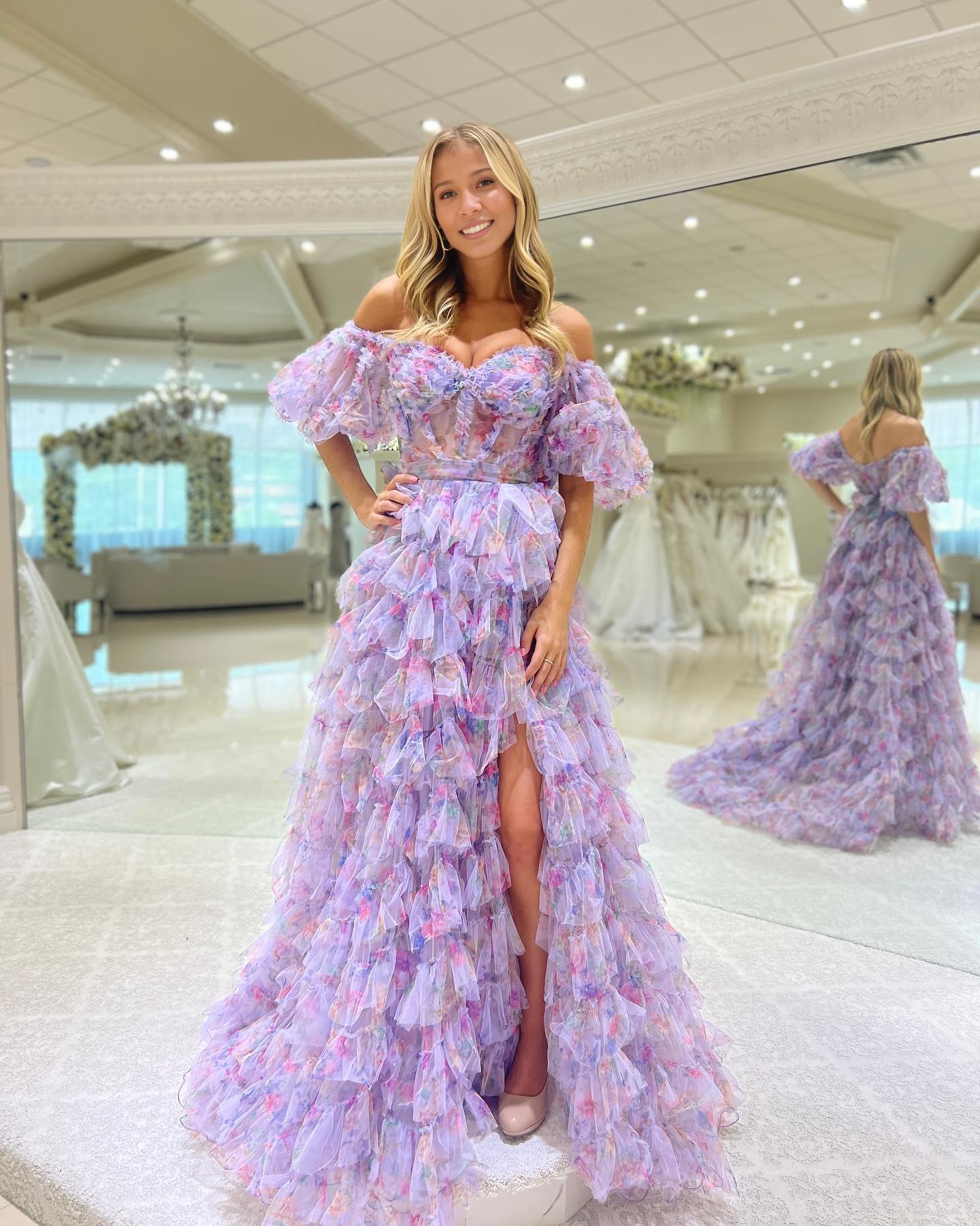 A-Line Off The Shoulder Sweetheart Tiered Long Prom Dress