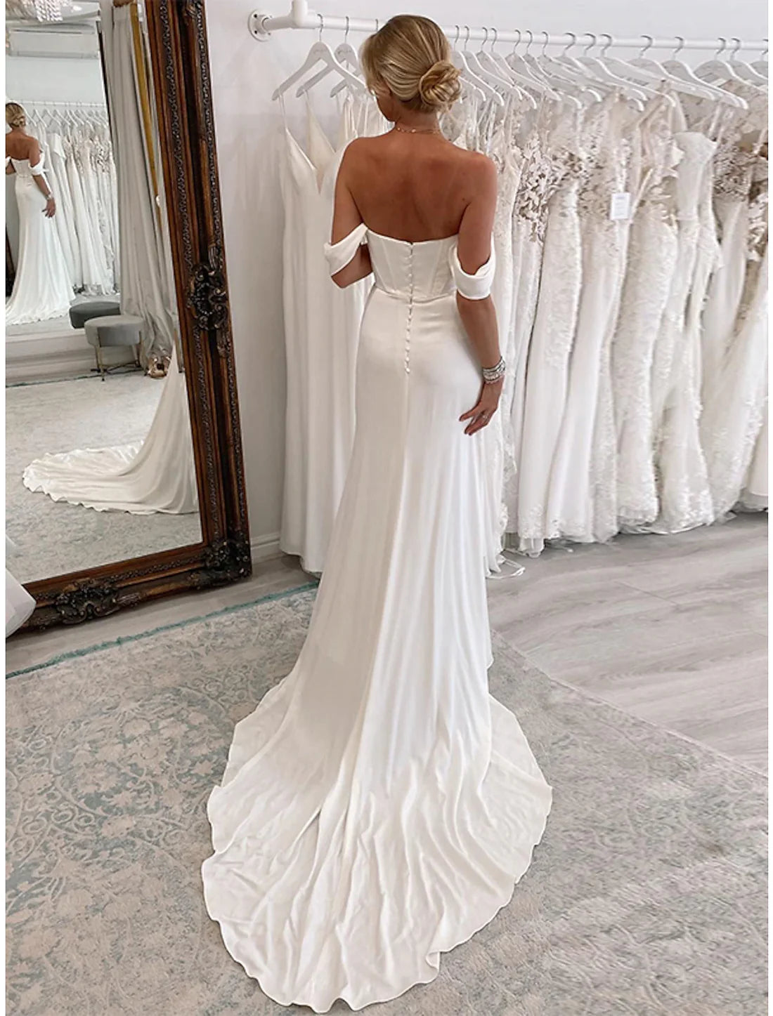 Charming Wedding Dresses Sheath / Column Off Shoulder Sleeveless Court Train Stretch Fabric Bridal Suits Bridal Gowns With Pleats Ruched