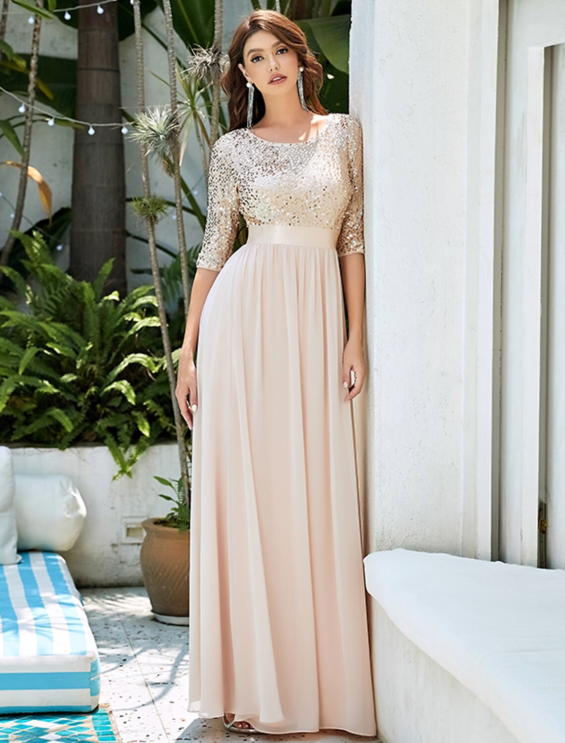 Plus Size Jewel Neck Floor Length Wedding Guest Dress Tulle Sequined 3/4 Length Sleeve Mother of the Bride Dress