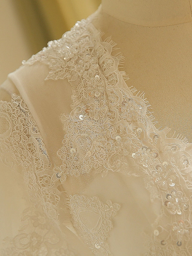 Hall Sparkle & Shine Wedding Dresses Court Train A-Line Long Sleeve Illusion Neck Satin With Buttons Ruched