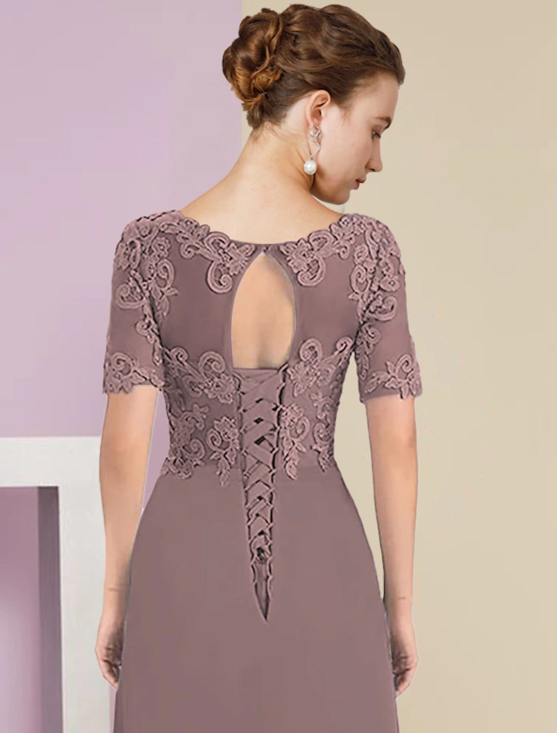 Two Piece A-Line Mother of the Bride Dress Formal Fall Wedding Guest Elegant High Low V Neck Asymmetrical Tea Length Chiffon Lace Short Sleeve 3/4 Length Sleeve Wrap Included with Applique